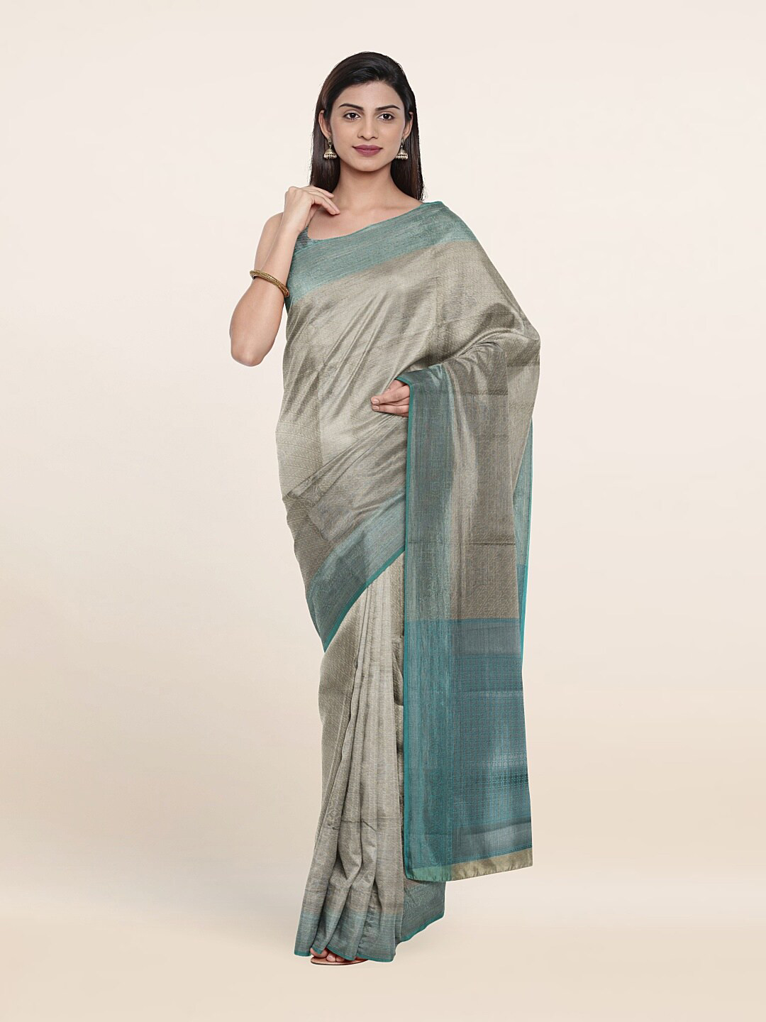 

Pothys Tan & Turquoise Blue Woven Design Zari Art Silk Saree