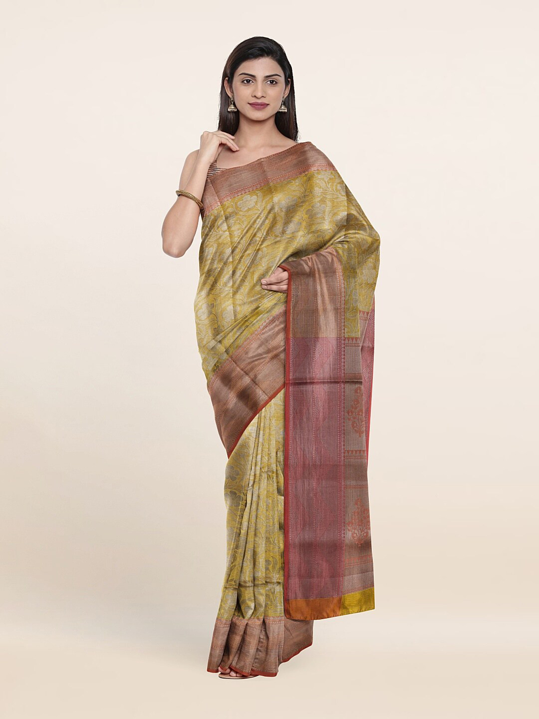 

Pothys Yellow & Brown Woven Design Zari Art Silk Saree