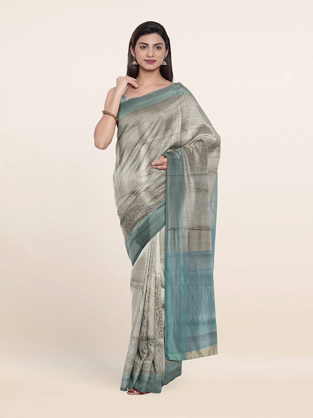 

Pothys Tan & Silver-Toned Woven Design Zari Art Silk Saree