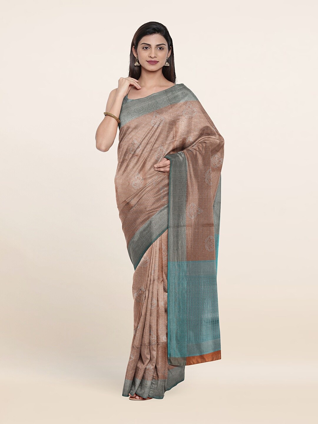 

Pothys Peach-Coloured & Blue Woven Design Zari Art Silk Saree