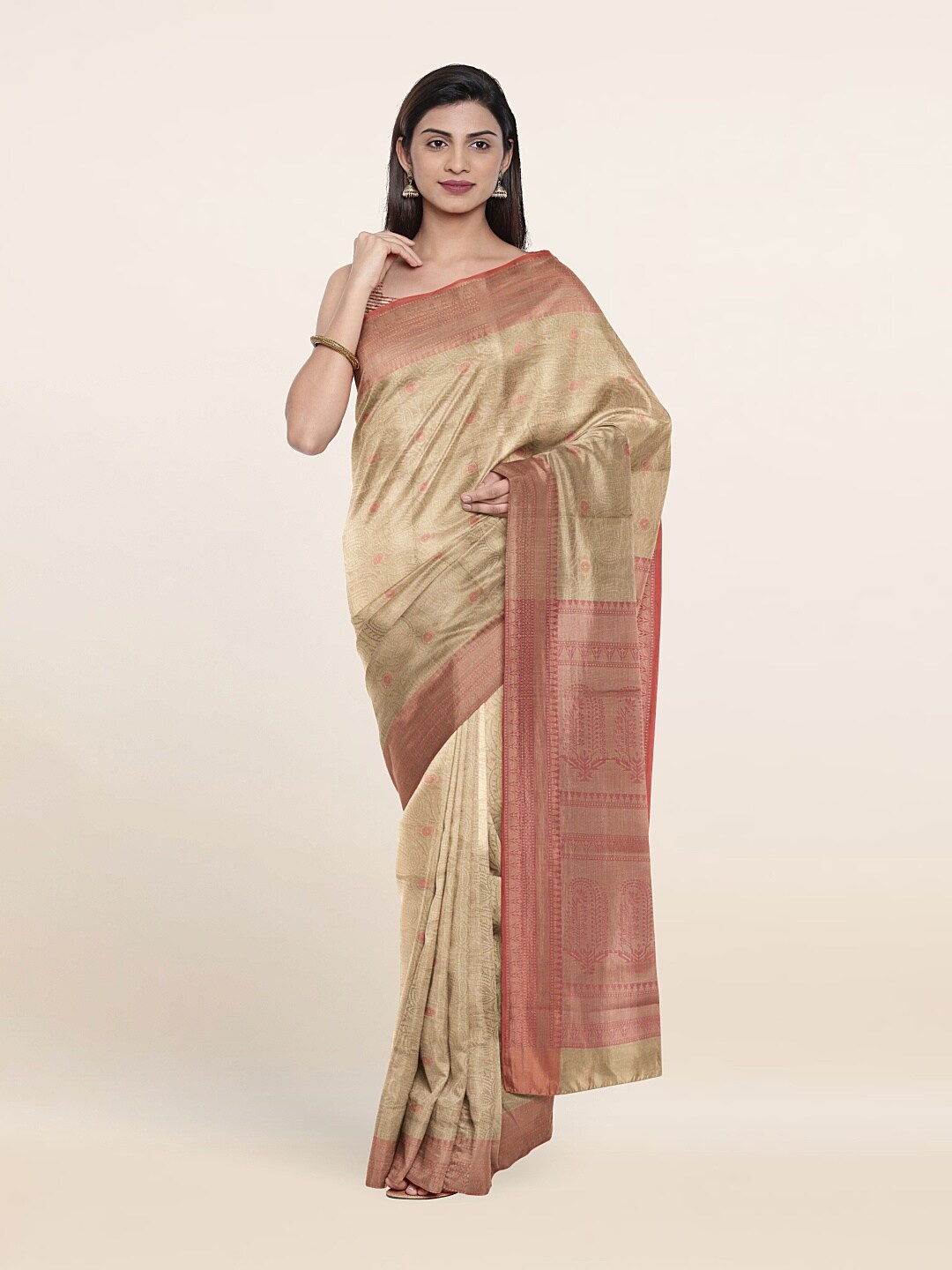 

Pothys Cream-Coloured & Peach-Coloured Woven Design Zari Art Silk Saree