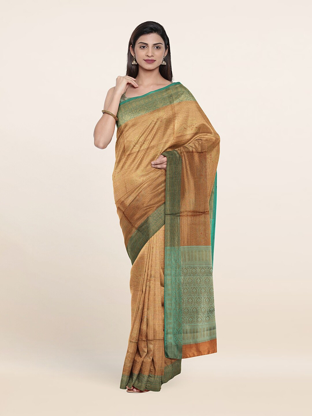 

Pothys Beige & Green Woven Design Zari Art Silk Saree