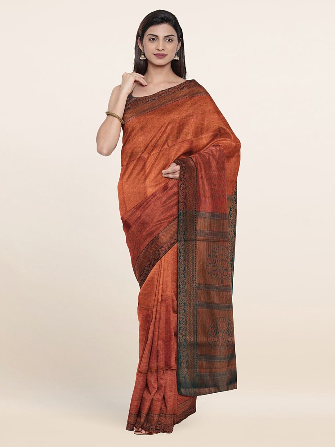 

Pothys Copper-Toned & Green Woven Design Zari Art Silk Saree