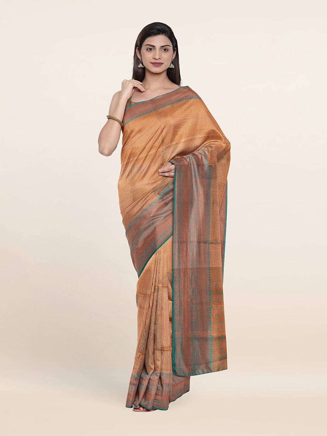 

Pothys Copper-Toned & Blue Woven Design Zari Art Silk Saree