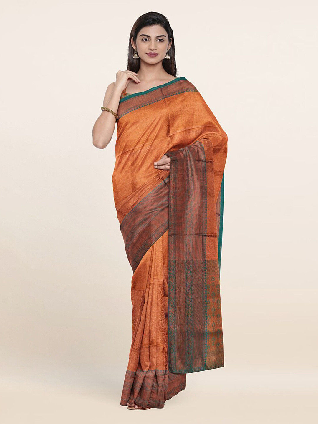 

Pothys Copper-Toned & Blue Woven Design Zari Art Silk Saree