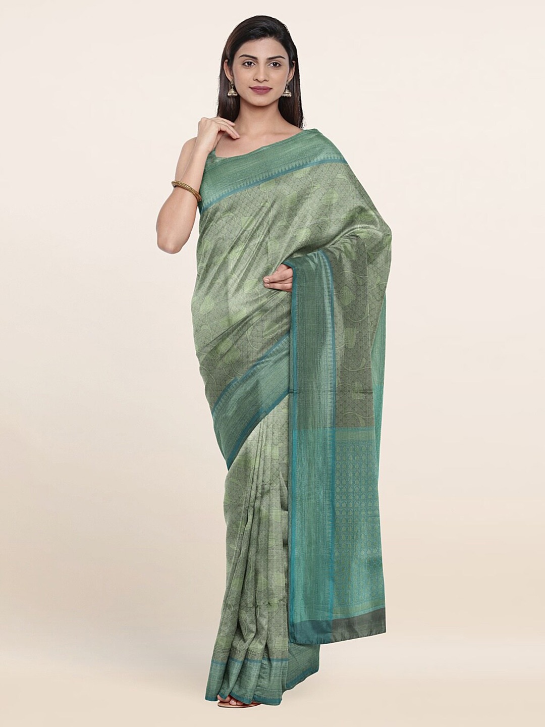 

Pothys Green & Silver-Toned Woven Design Zari Art Silk Saree