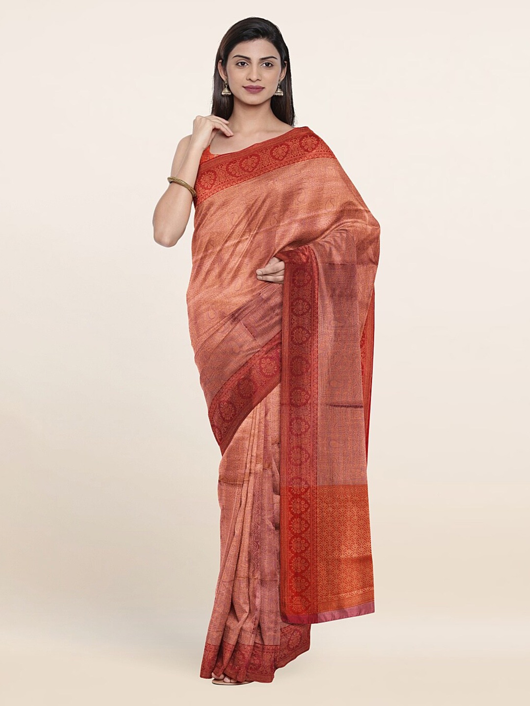 

Pothys Peach-Coloured & Red Ethnic Motifs Zari Art Silk Saree