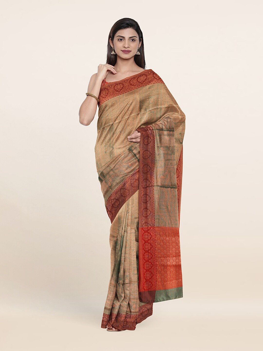 

Pothys Khaki & Orange Ethnic Motifs Zari Art Silk Saree