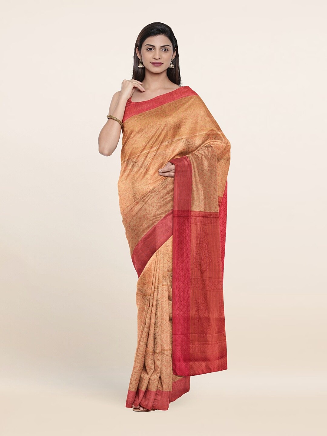 

Pothys Cream-Coloured & Peach-Coloured Woven Design Zari Art Silk Saree