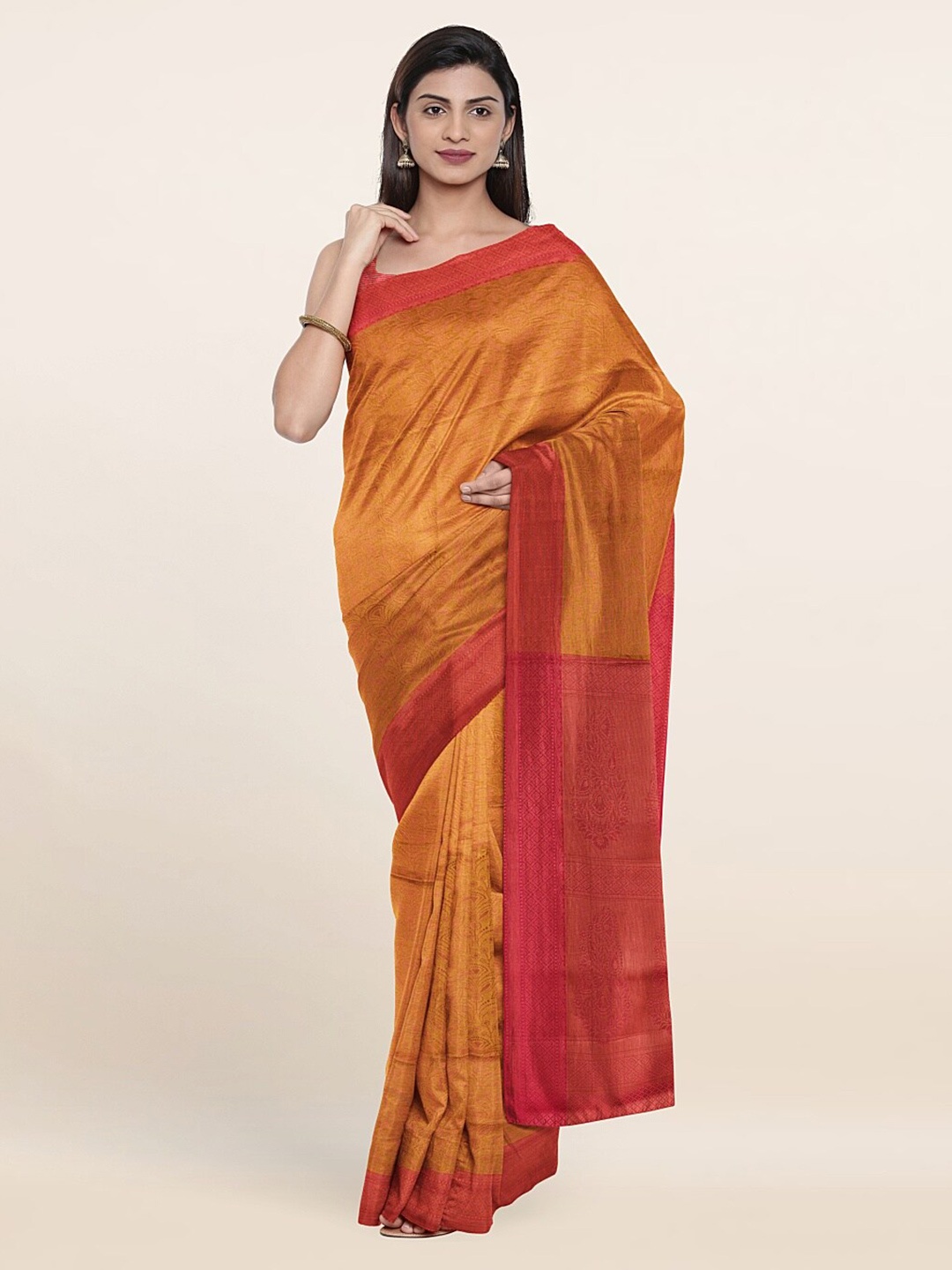 

Pothys Yellow & Copper-Toned Woven Design Zari Art Silk Saree