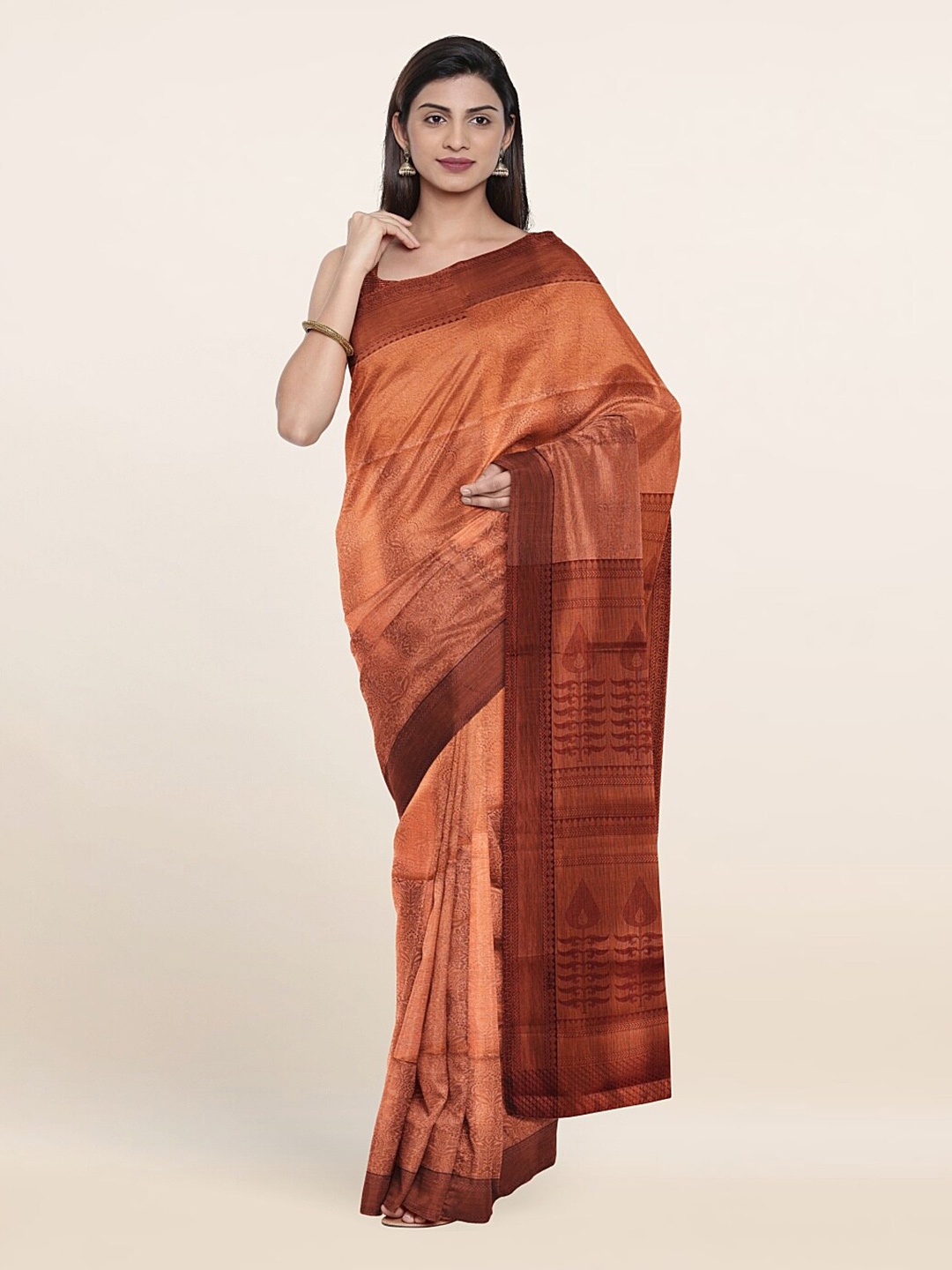 

Pothys Peach-Coloured & Copper-Toned Woven Design Zari Art Silk Saree