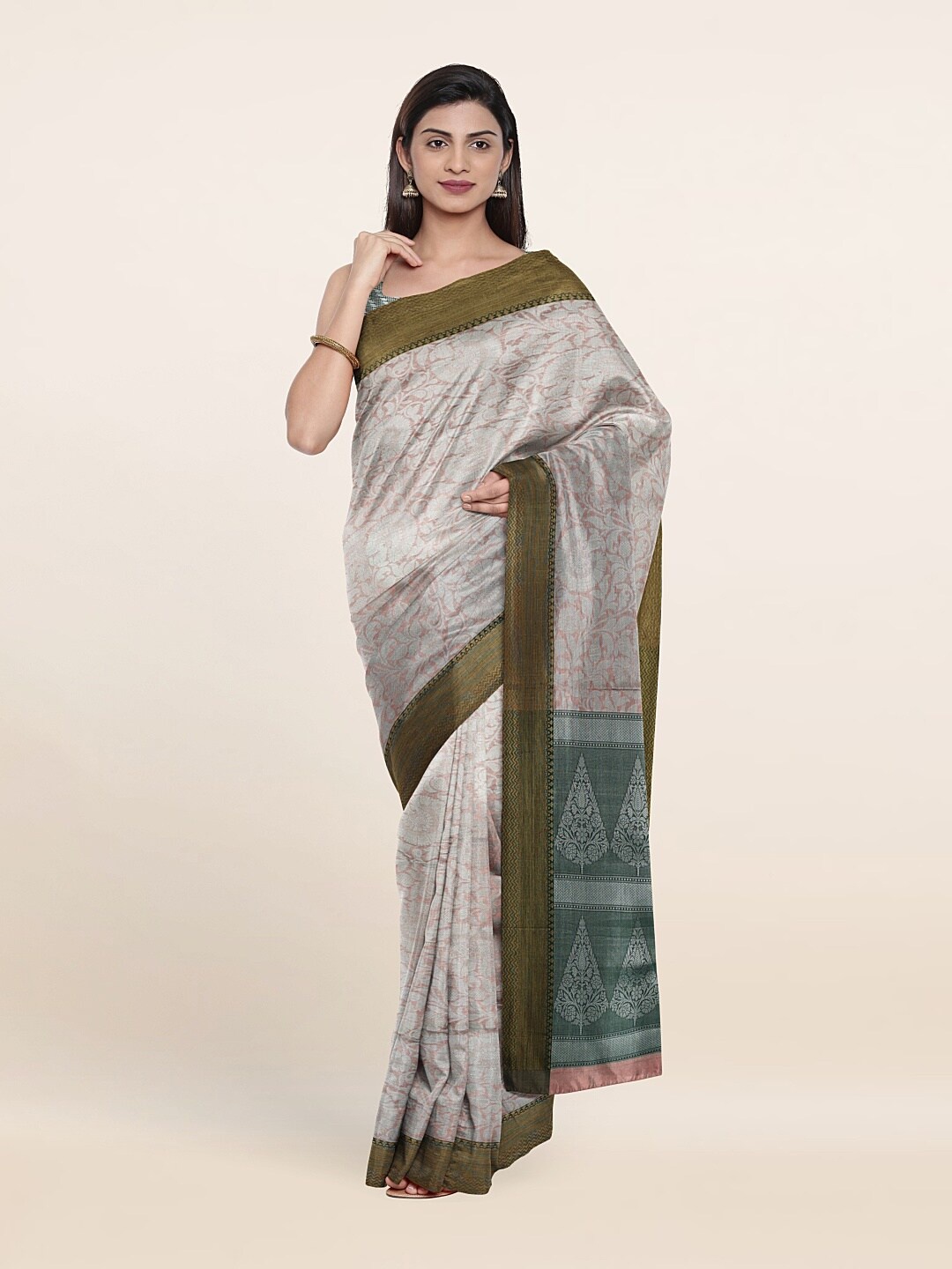 

Pothys Silver-Toned & Green Woven Design Zari Art Silk Saree