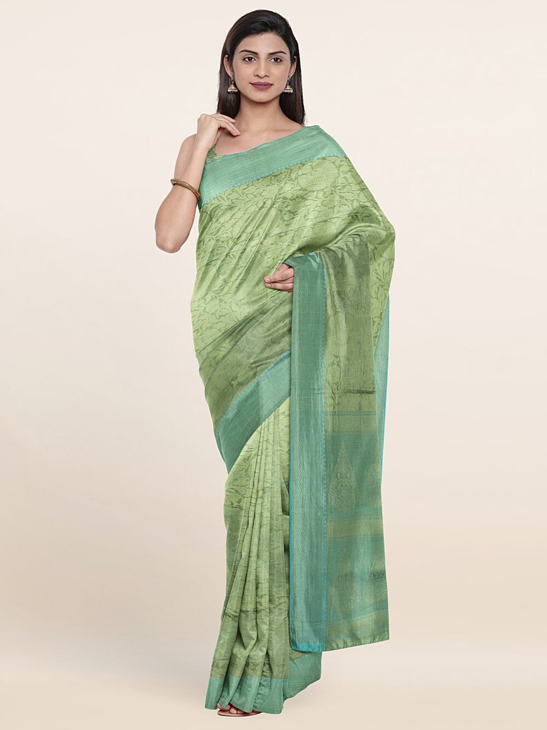 

Pothys Green & Silver-Toned Woven Design Zari Art Silk Saree