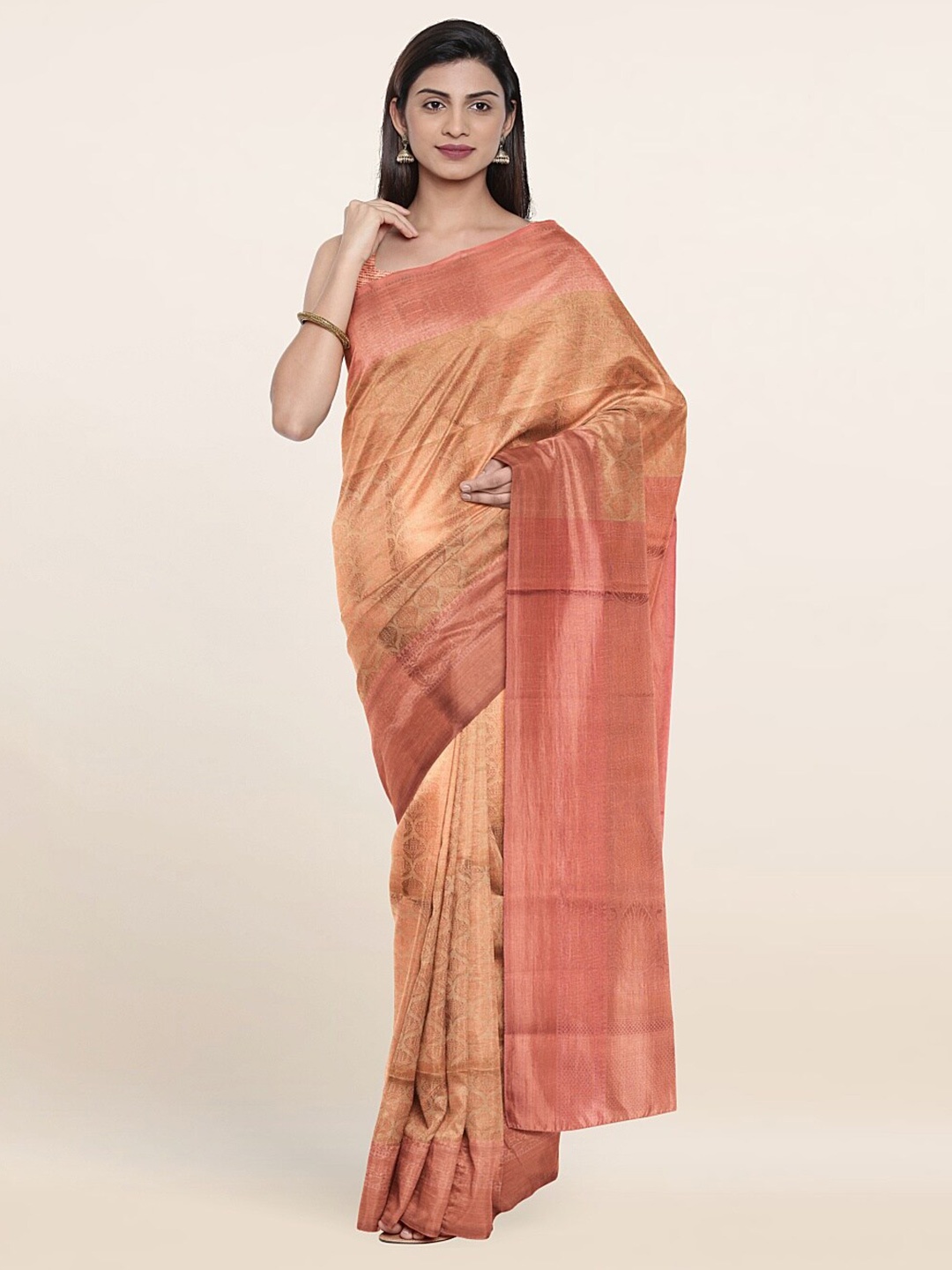 

Pothys Cream-Coloured & Copper-Toned Woven Design Zari Art Silk Saree