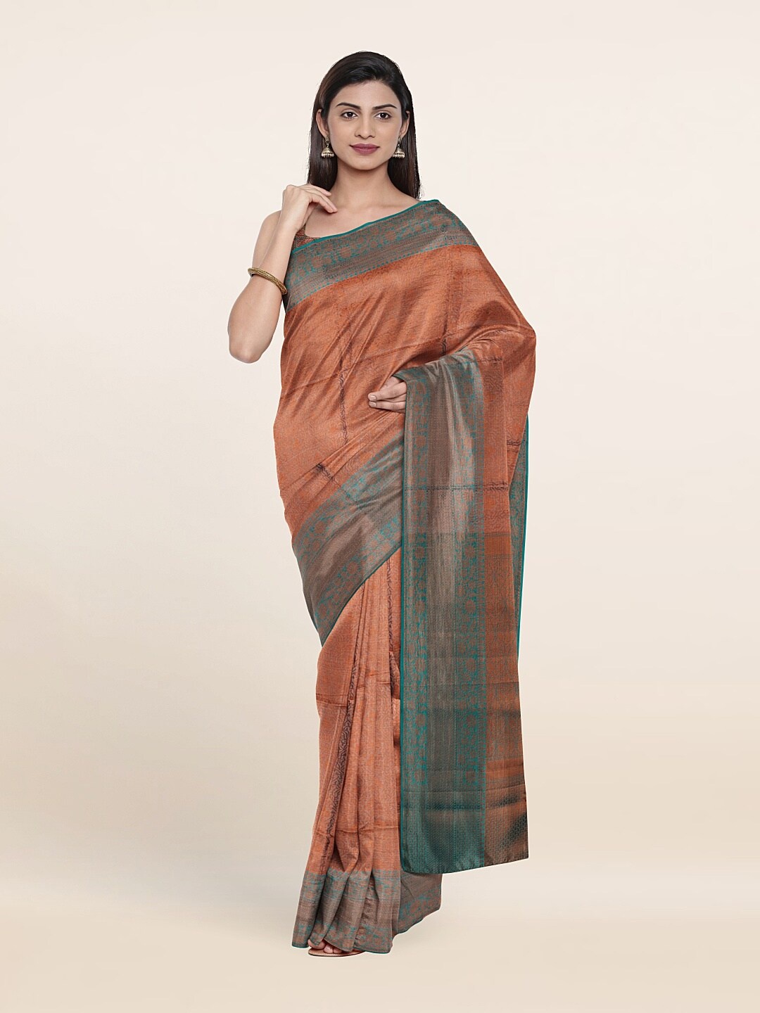 

Pothys Cream-Coloured & Blue Woven Design Zari Art Silk Saree