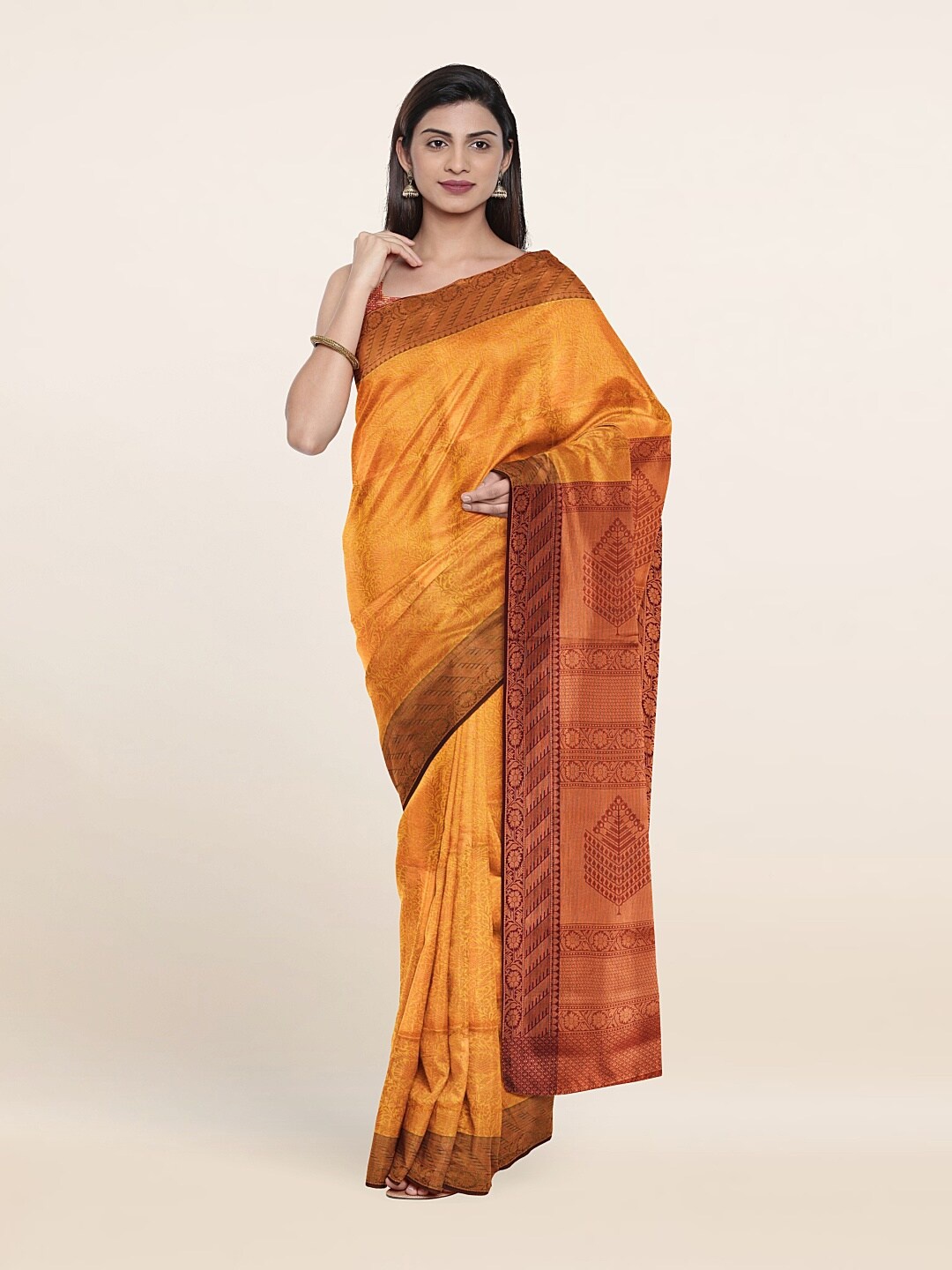 

Pothys Yellow & Brown Woven Design Zari Art Silk Saree