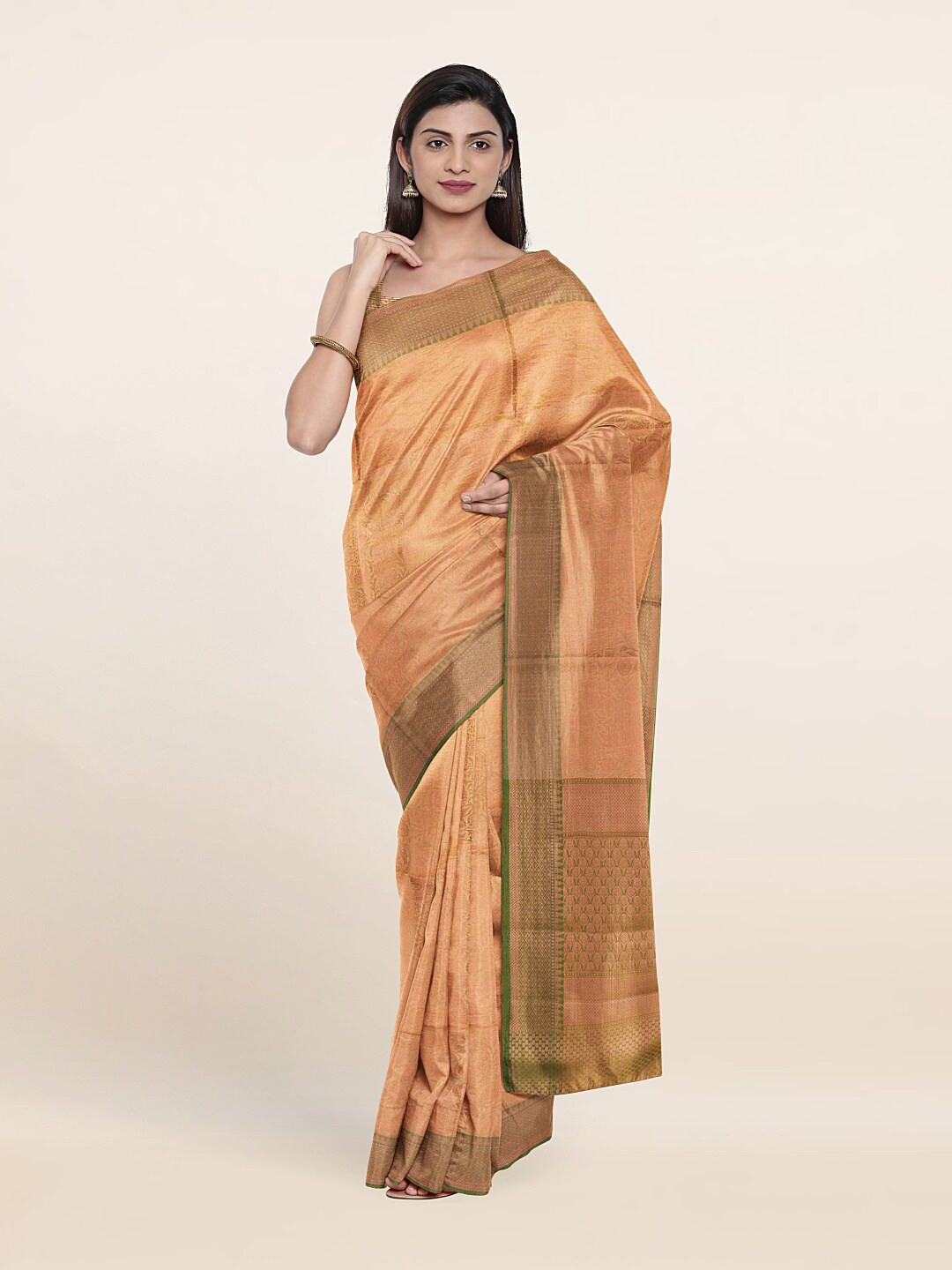 

Pothys Cream-Coloured & Green Woven Design Zari Art Silk Saree