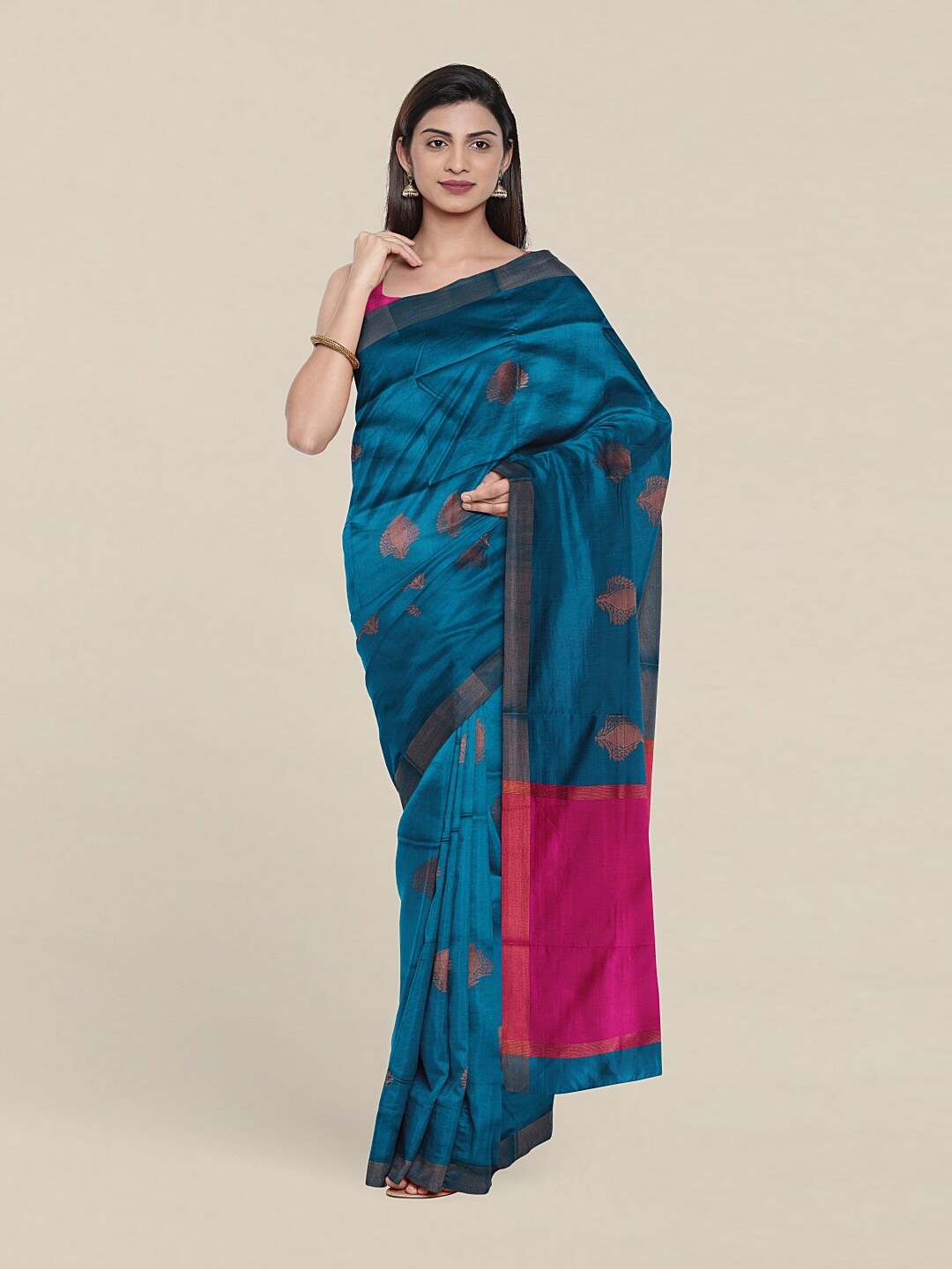 

Pothys Teal & Pink Woven Design Zari Pure Cotton Saree