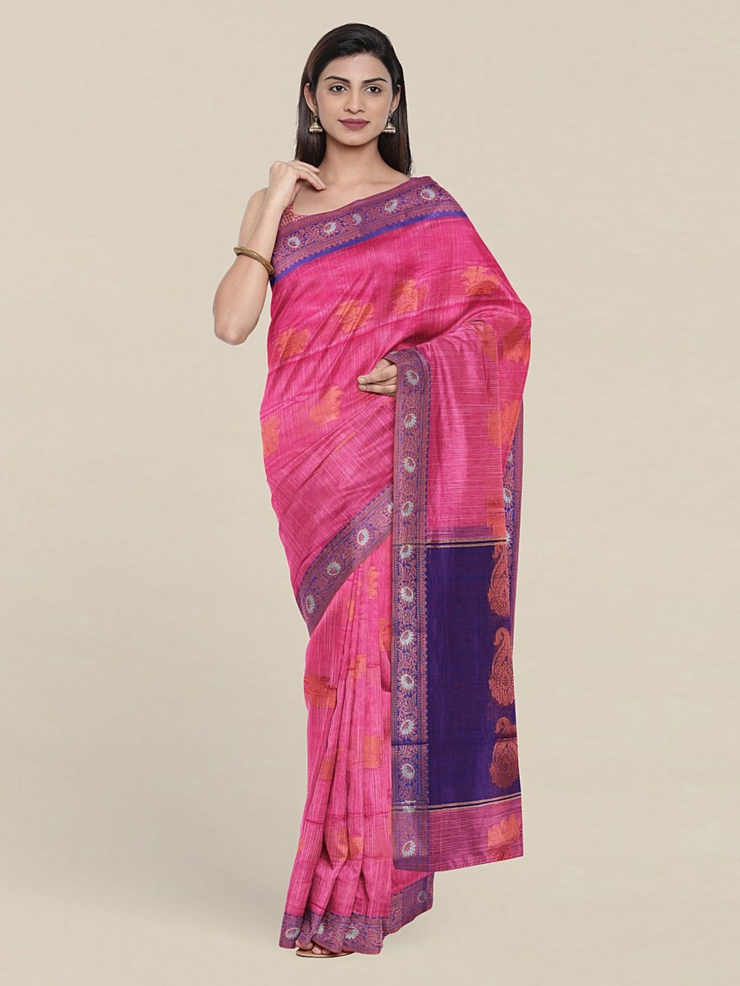 

Pothys Pink & Blue Ethnic Motifs Zari Jute Cotton Saree