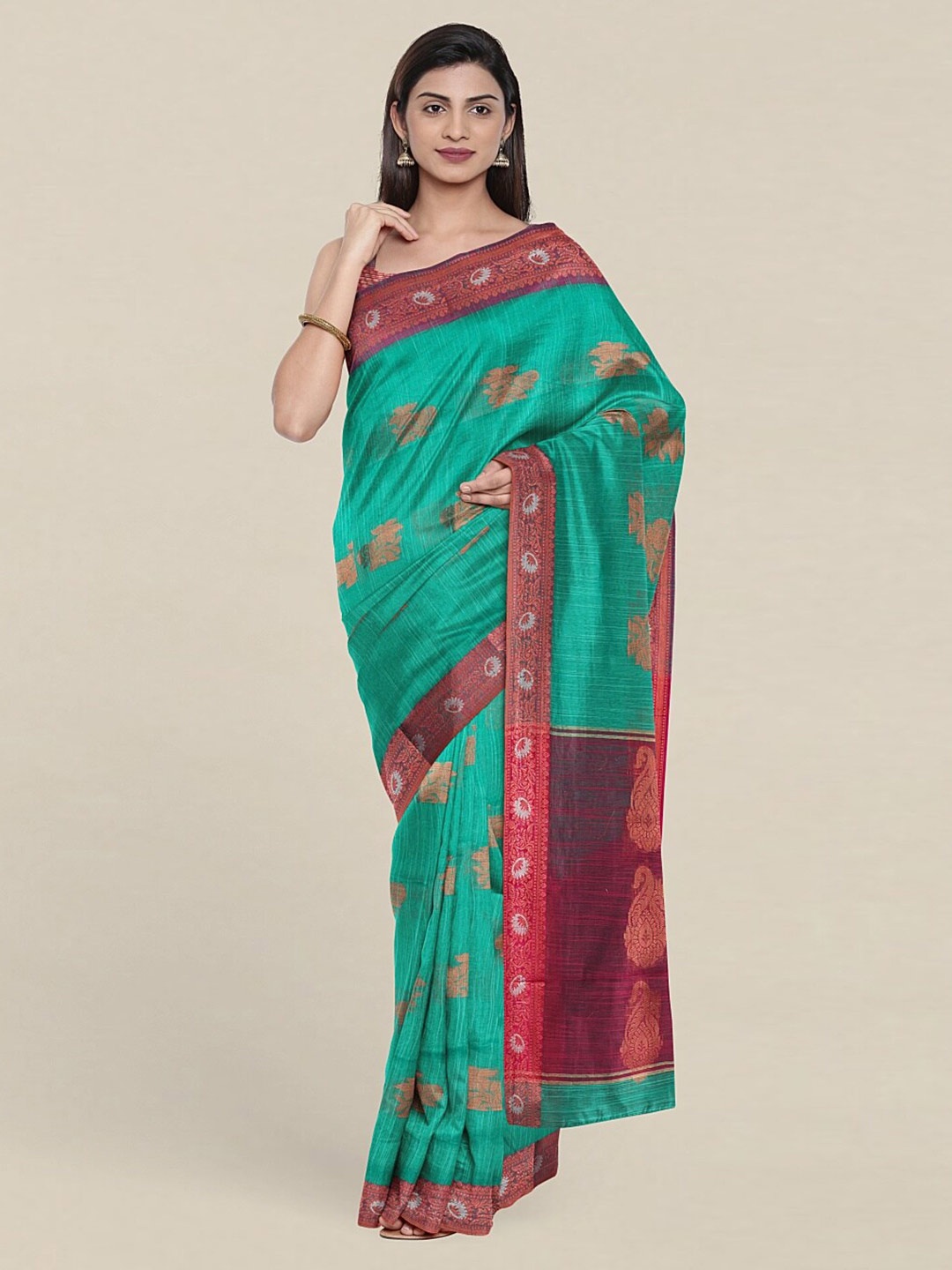 

Pothys Green & Copper-Toned Woven Design Zari Jute Cotton Saree