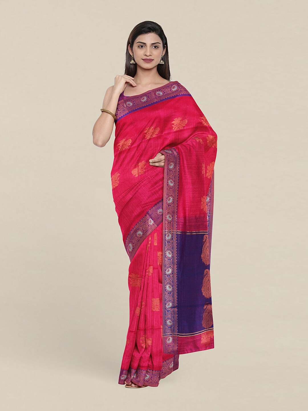 

Pothys Pink & Blue Ethnic Motifs Zari Jute Cotton Saree