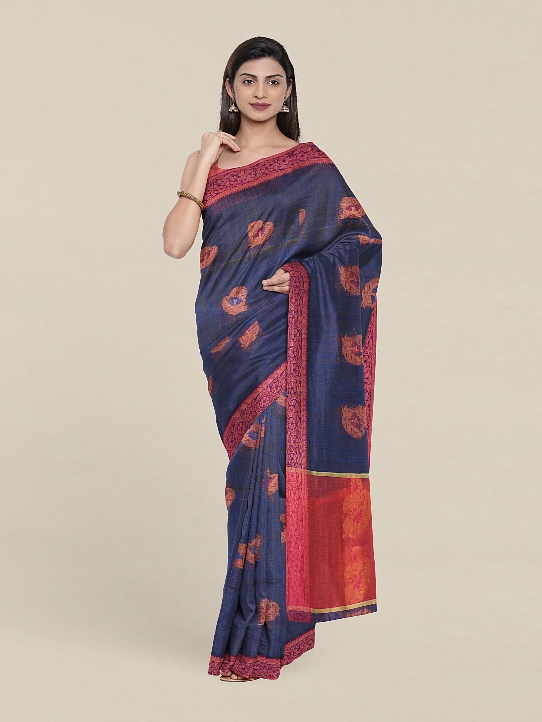 

Pothys Blue & Red Woven Design Zari Jute Cotton Saree