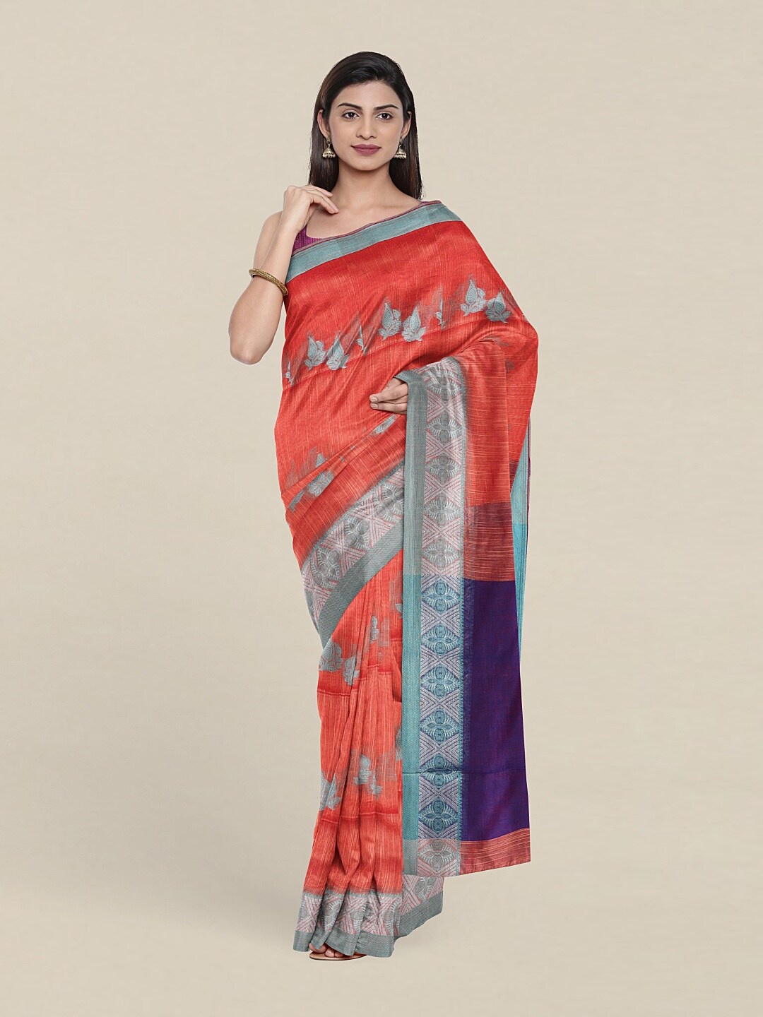 

Pothys Orange & Blue Ethnic Motifs Zari Jute Cotton Saree