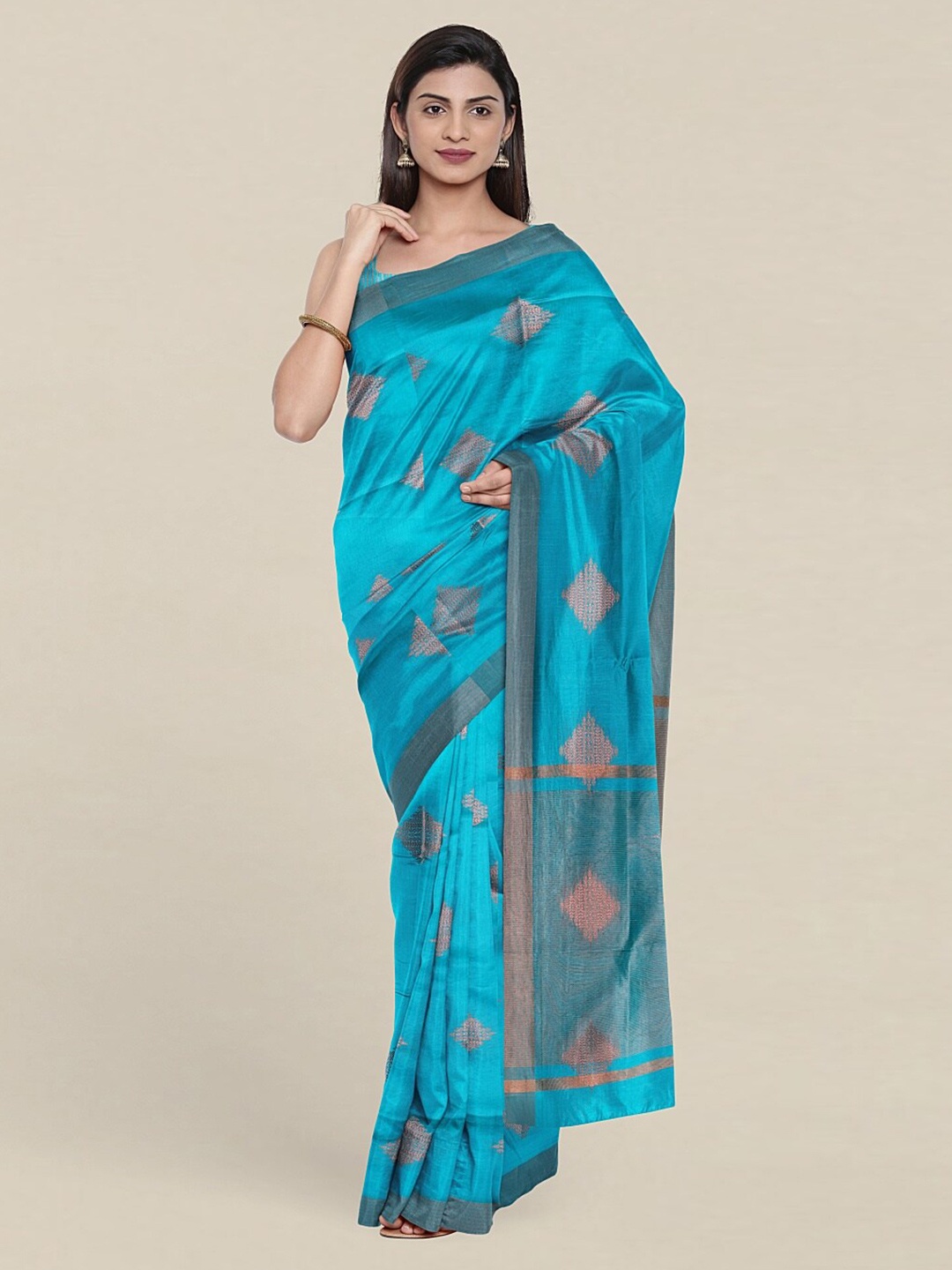 

Pothys Blue & Copper-Toned Woven Design Zari Pure Cotton Saree