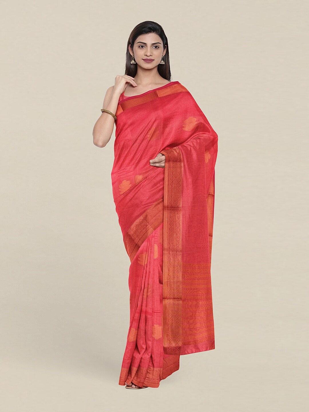 

Pothys Peach-Coloured & Gold-Toned Floral Zari Saree