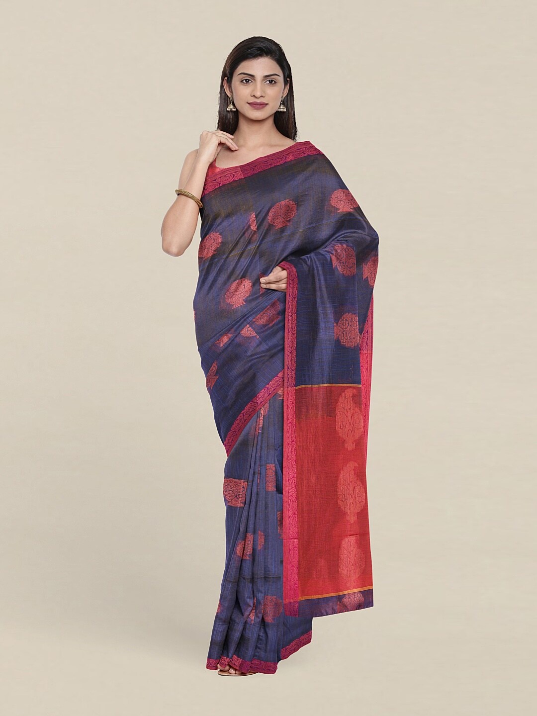 

Pothys Blue & Red Woven Design Zari Jute Cotton Saree