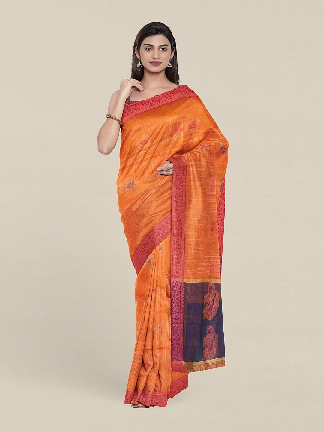 

Pothys Orange & Blue Woven Design Zari Jute Cotton Saree