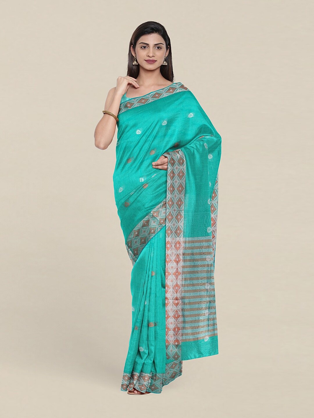 

Pothys Sea Green & Copper-Toned Woven Design Zari Saree