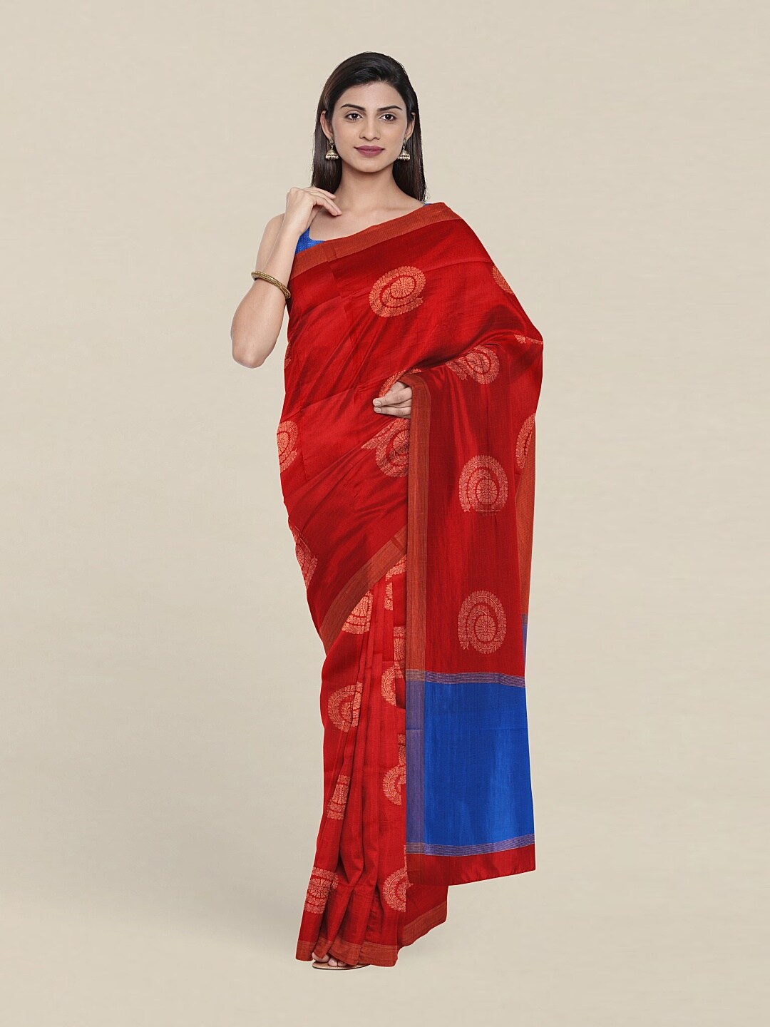 

Pothys Red & Blue Woven Design Zari Pure Cotton Saree