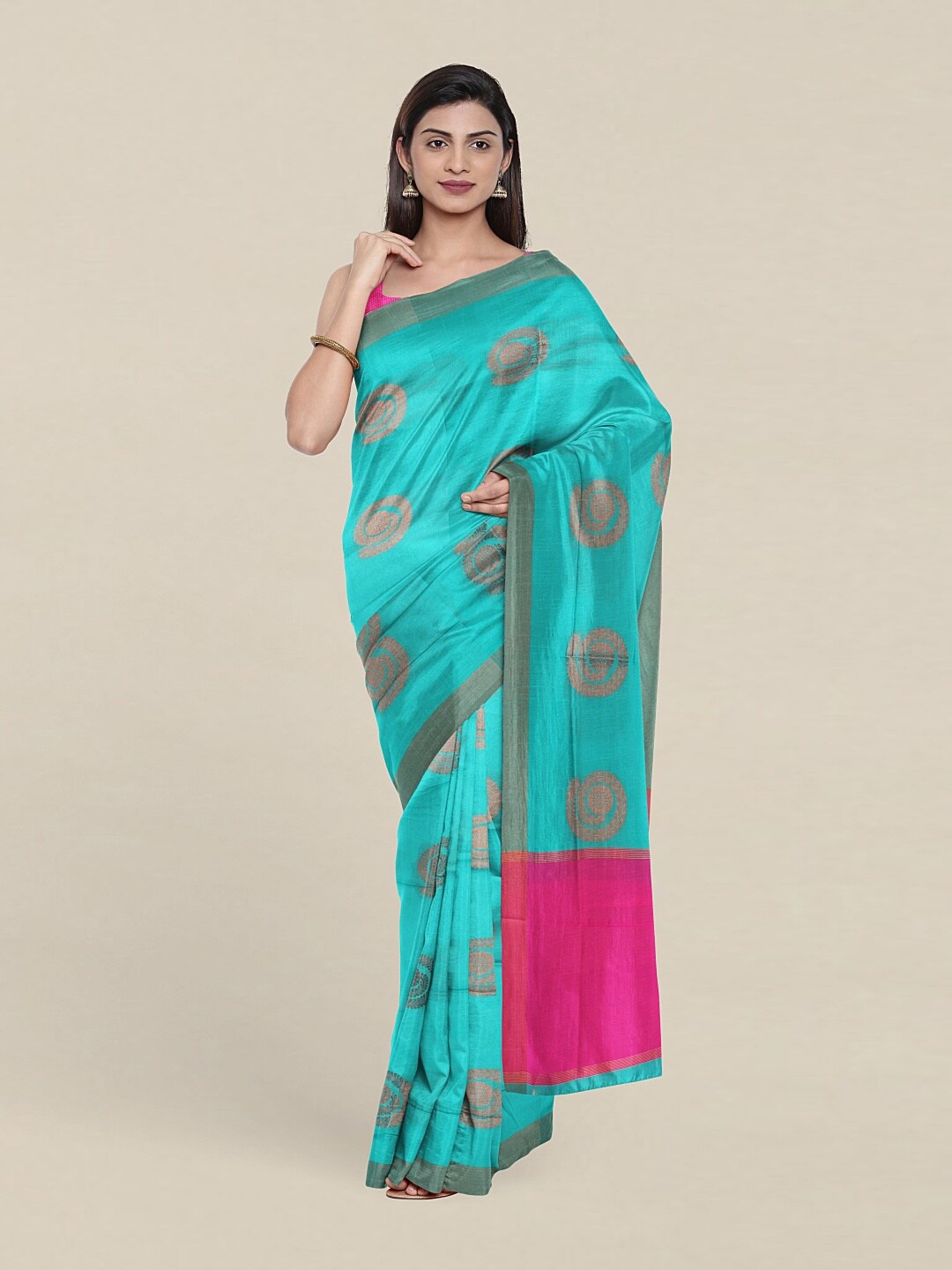 

Pothys Turquoise Blue & Pink Woven Design Zari Pure Cotton Saree