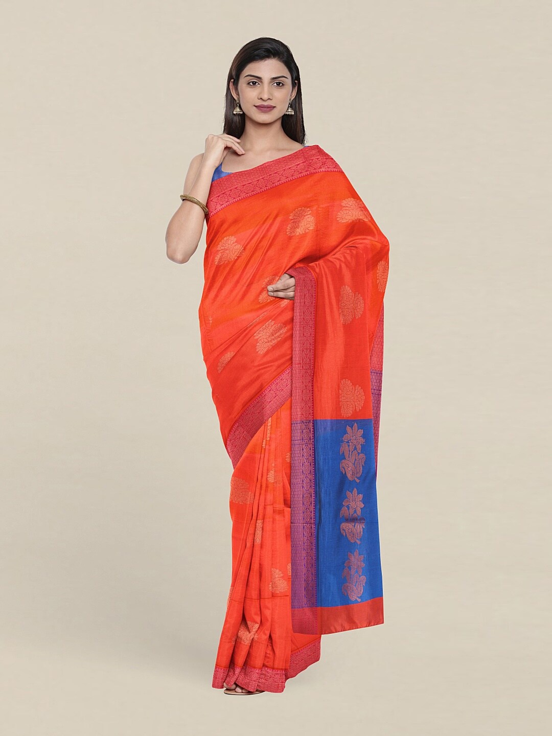 

Pothys Orange & Blue Woven Design Zari Pure Cotton Saree