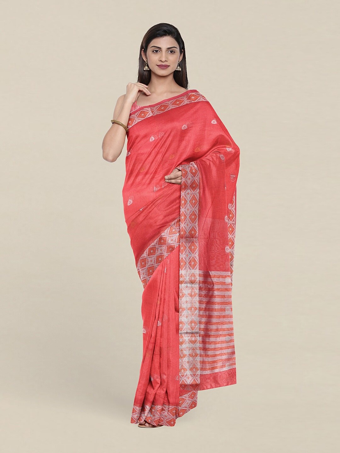 

Pothys Peach-Coloured & Silver-Toned Woven Design Zari Saree