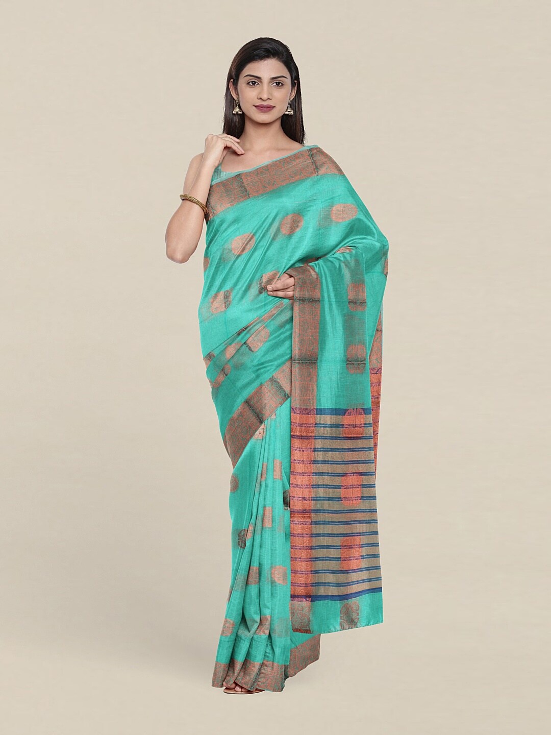 

Pothys Sea Green & Copper-Toned Woven Design Zari Saree