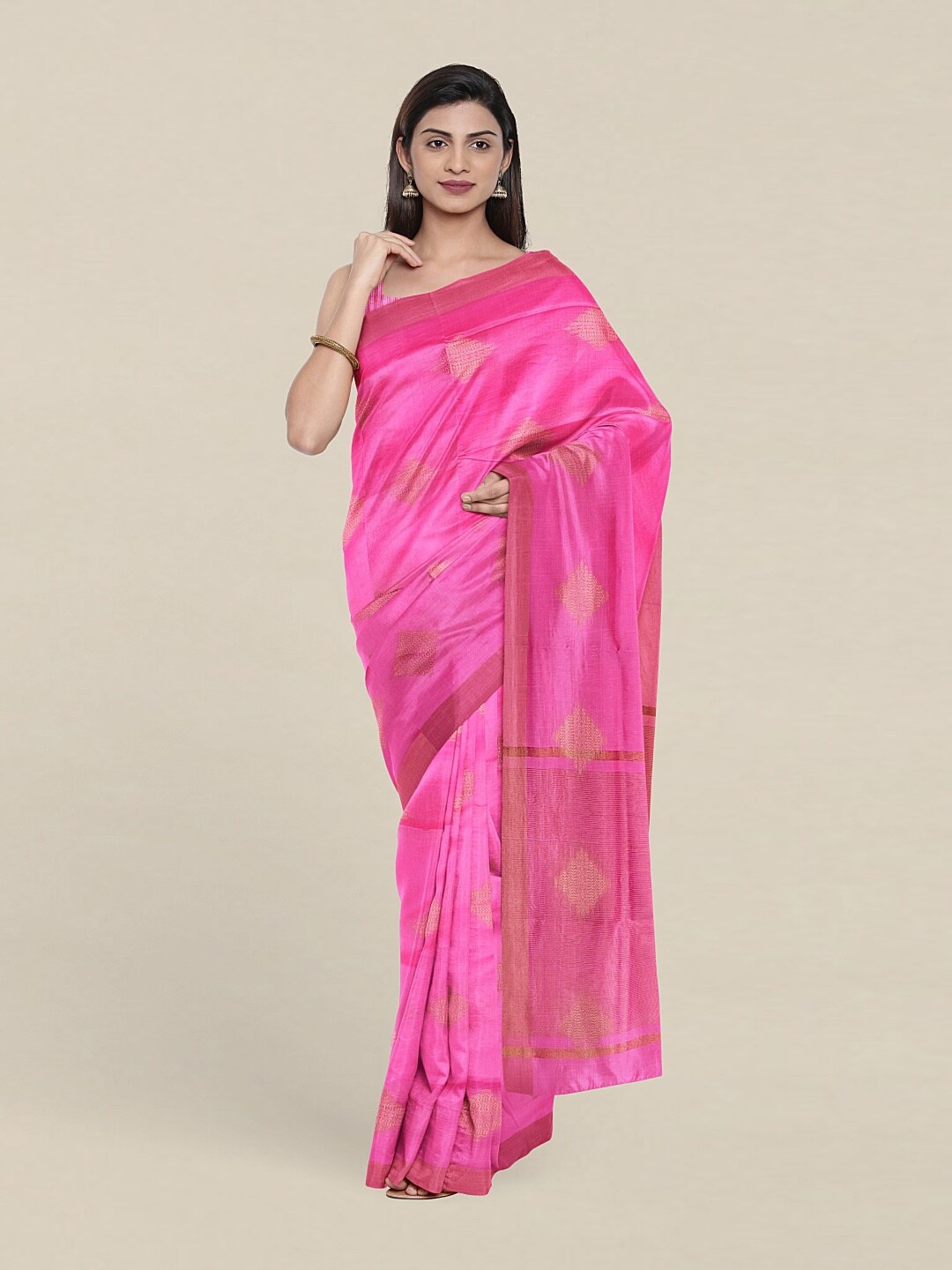 

Pothys Pink & Copper-Toned Woven Design Zari Pure Cotton Saree