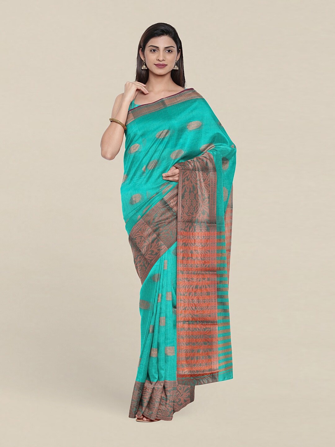 

Pothys Sea Green & Copper-Toned Woven Design Zari Saree