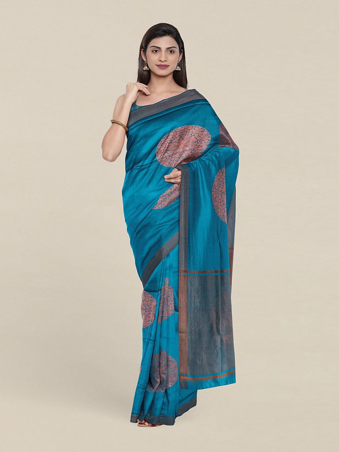 

Pothys Blue & Copper-Toned Woven Design Zari Pure Cotton Saree