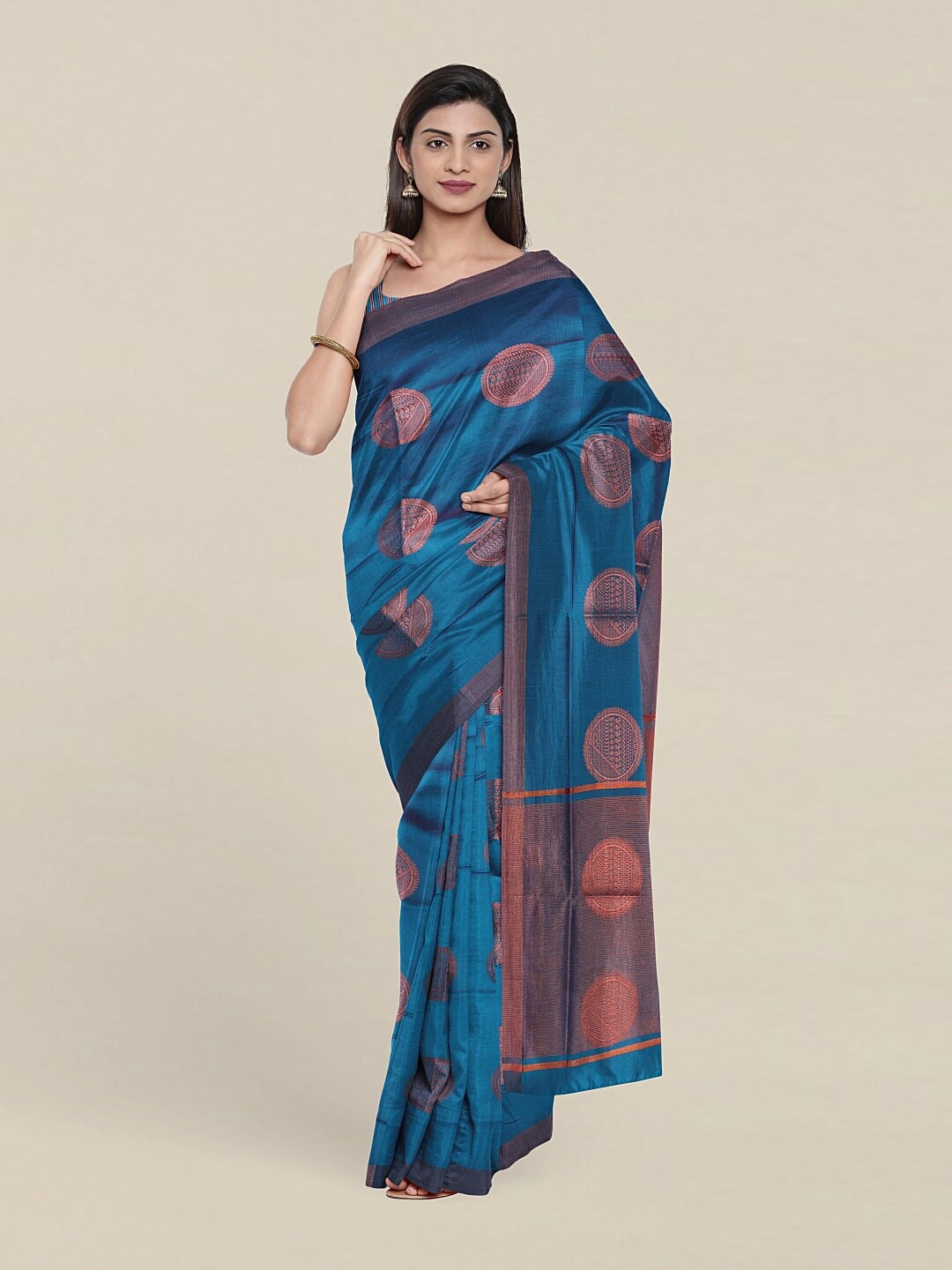 

Pothys Teal & Gold-Toned Ethnic Motifs Zari Pure Cotton Saree