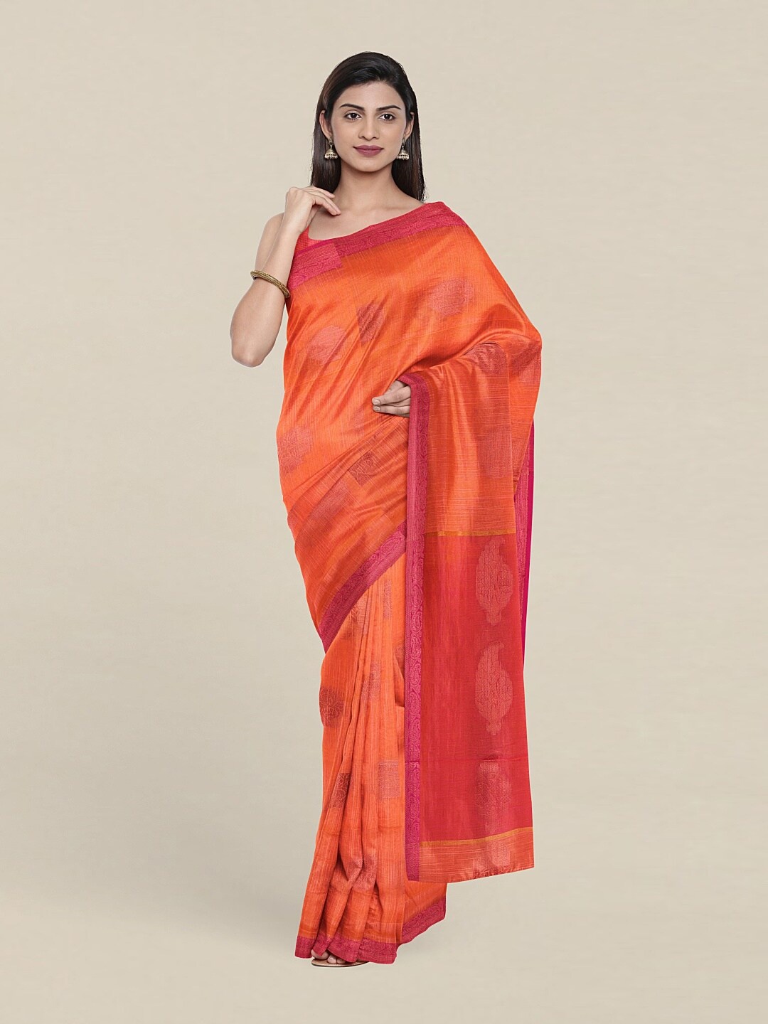 

Pothys Peach-Coloured & Red Woven Design Zari Jute Cotton Saree, Orange