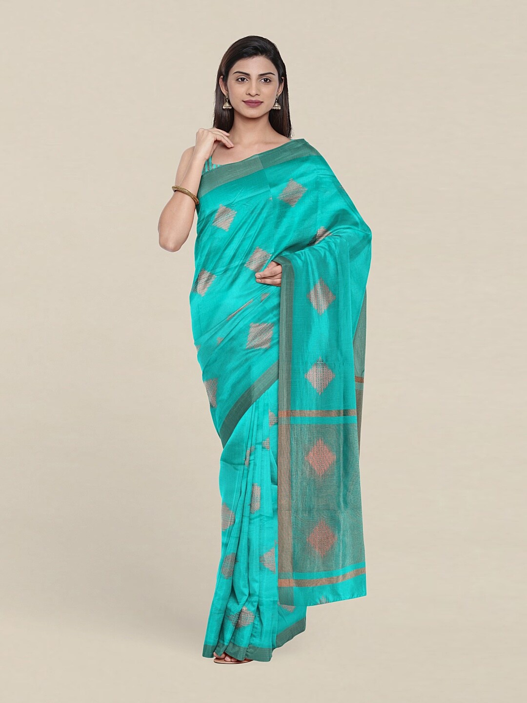 

Pothys Blue & Copper-Toned Ethnic Motifs Zari Pure Cotton Saree