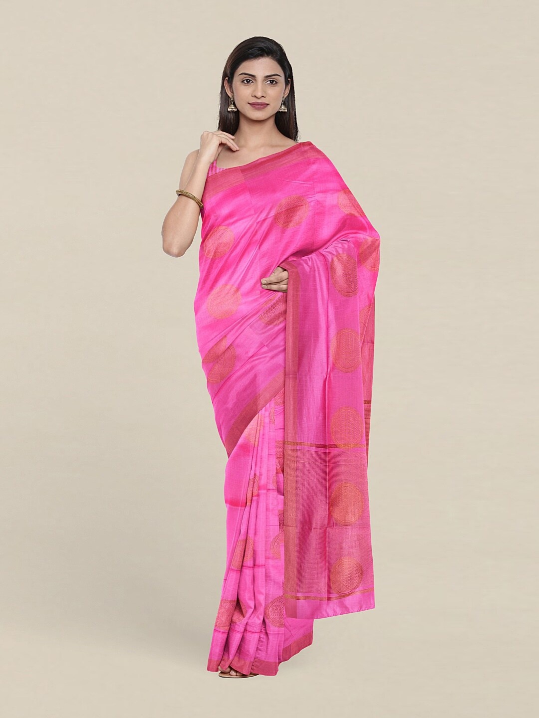 

Pothys Pink & Copper-Toned Ethnic Motifs Zari Pure Cotton Saree