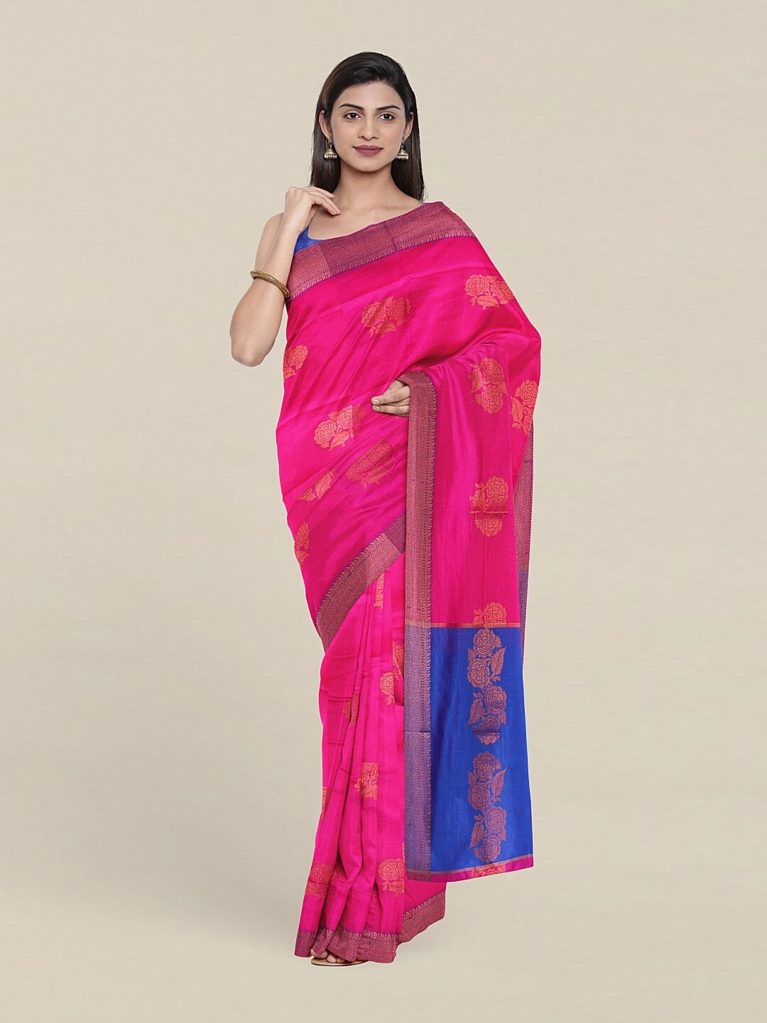

Pothys Pink & Blue Ethnic Motifs Zari Pure Cotton Saree