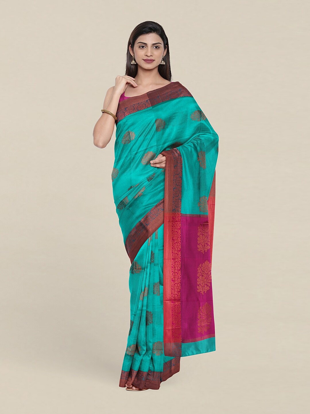 

Pothys Turquoise Blue & Pink Ethnic Motifs Zari Pure Cotton Saree