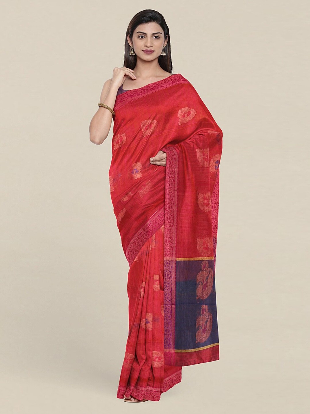 

Pothys Pink & Blue Woven Design Zari Jute Cotton Saree