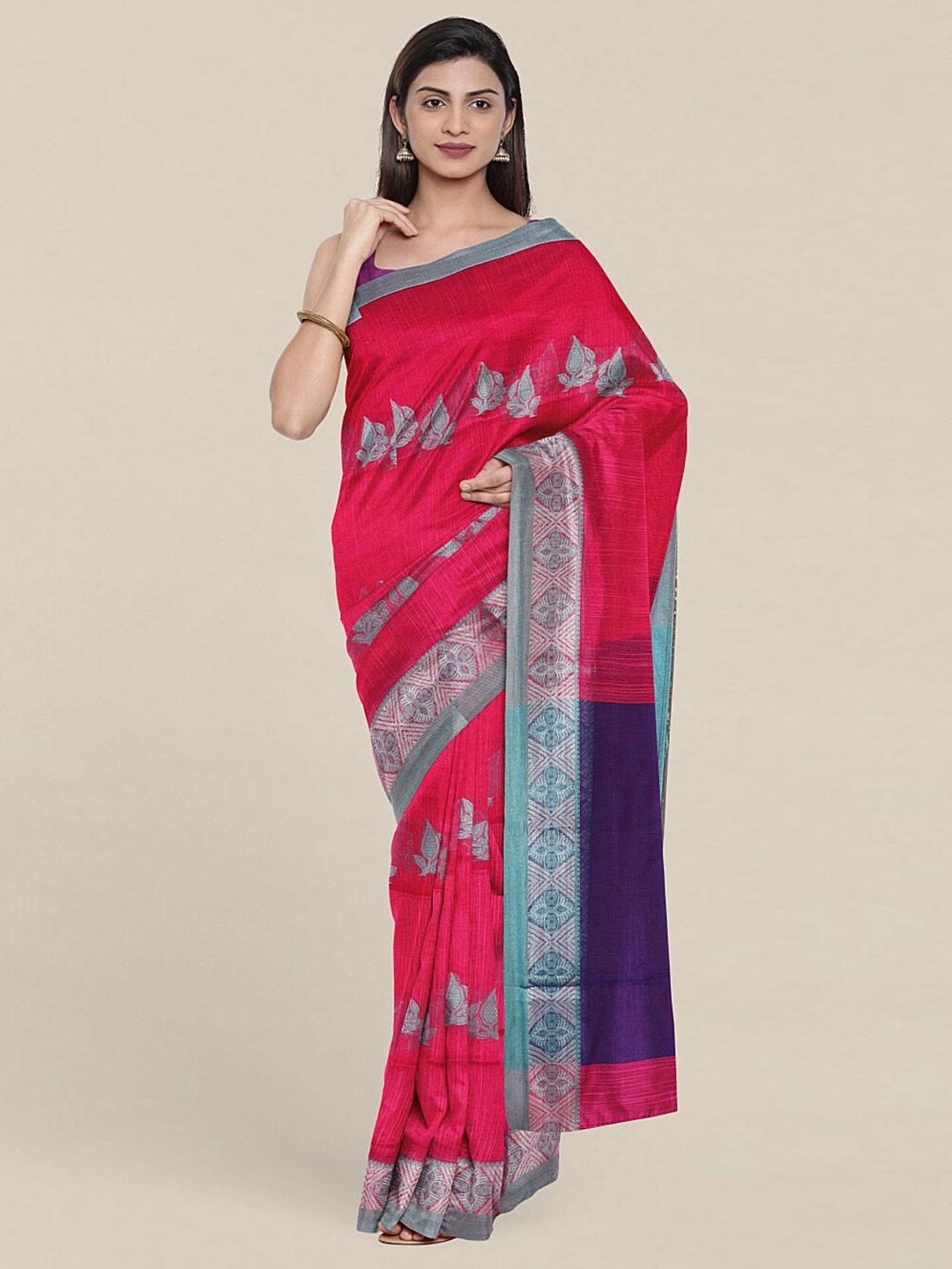 

Pothys Pink & Blue Woven Design Zari Jute Cotton Saree