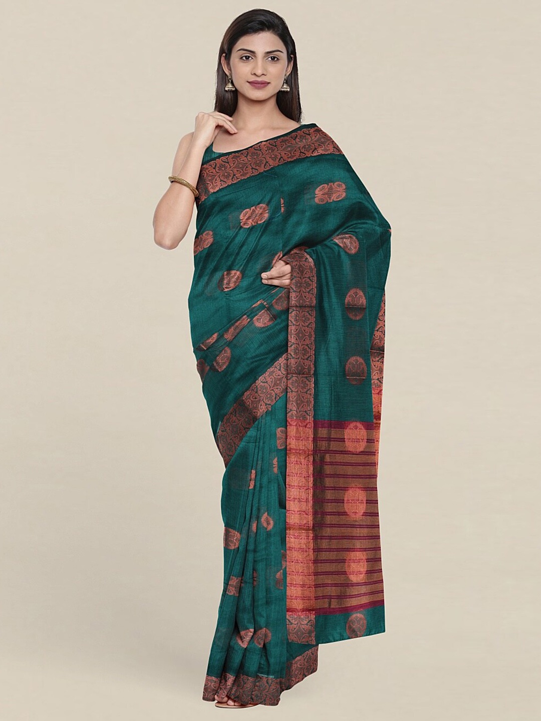 

Pothys Green & Copper-Toned Woven Design Zari Saree