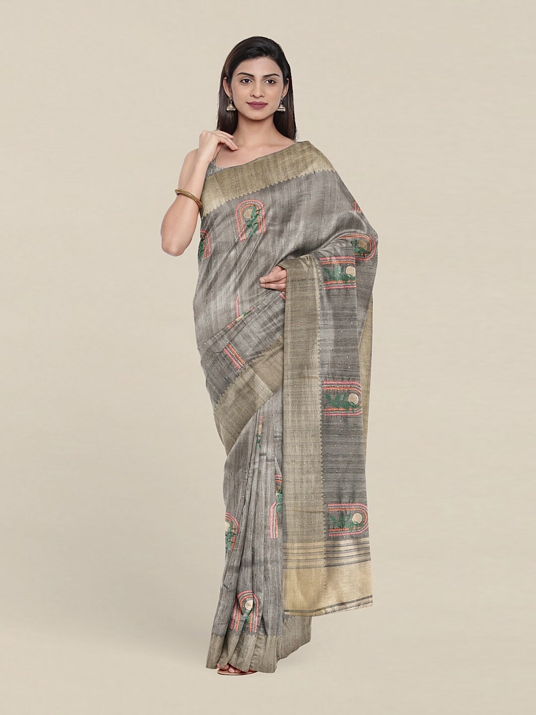 

Pothys Grey & Pink Floral Jute Silk Saree